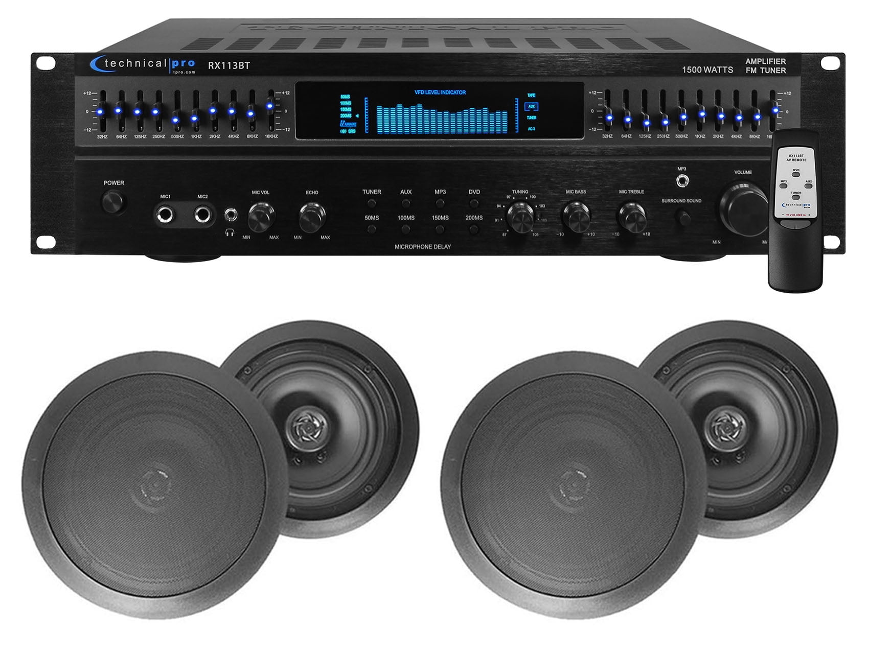 RX113 1500w Home Theater Amplifier Receiver+4) 8" Black Ceiling Speakers