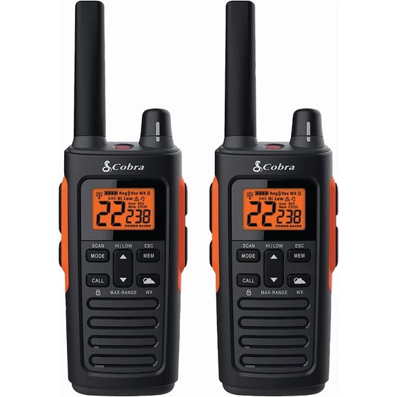 RX680 Walkie Talkies (2-Pack) - Rugged & Splashproof Two Way Radios Long Range, IP54 Water Resistant Design, 60 Pre-Programmed Channels, Weather Alerts, Included Charging Dock (Black/Orange)