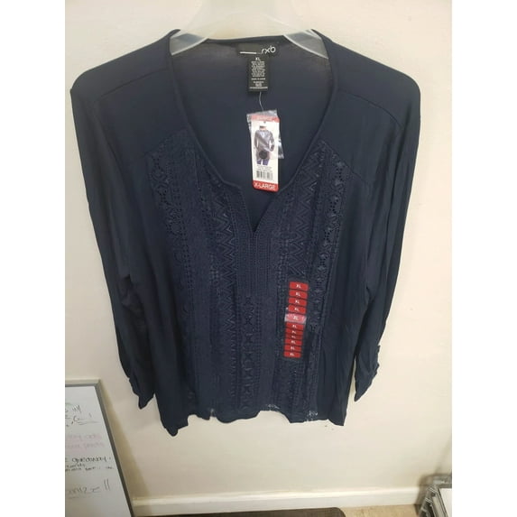 RXB Women's Soft Lace Embroidered V-Neck Roll Tab Blouse Top (Indigo, L)