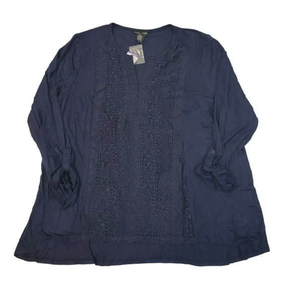 RXB Women's Soft Lace Embroidered V-Neck Roll Tab Blouse Top (Indigo, XXL)