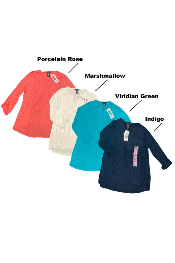 Women's Soft Lace Embroidered V-Neck Roll Tab Blouse Top (Marshmallow, XL)