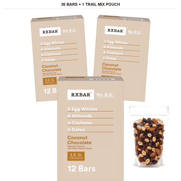 RXBAR Coconut Chocolate Protein Bars, 36 Bars, 22 oz Box with 1 Bybies Trail Mix Pouch, 2 oz