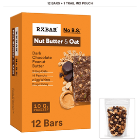 RXBAR Dark Chocolate Peanut Butter Nut Butter & Oat Protein Bars, 12 Bars, 23.2 oz Box with 1 Bybies Trail Mix Pouch, 2 oz