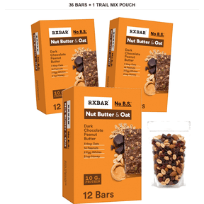 RXBAR Dark Chocolate Peanut Butter Nut Butter & Oat Protein Bars, 36 Bars, 23.2 oz Box with 1 Bybies Trail Mix Pouch, 2 oz