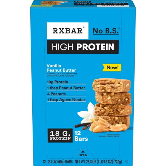 RXBAR High Protein Bars, Gluten Free, Protein Snacks, Vanilla Peanut Butter, 25.3oz Box (12 Bars)