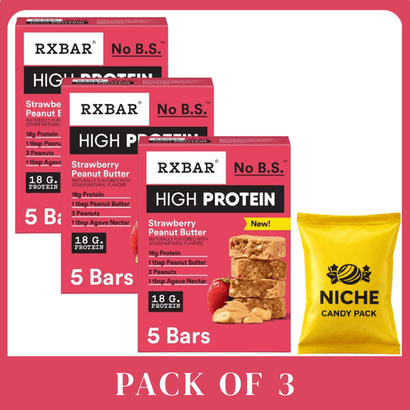 RXBAR High Protein Bars, Strawberry Peanut Butter, 10.5 oz (5 Count), Pack of 3-with candy pack