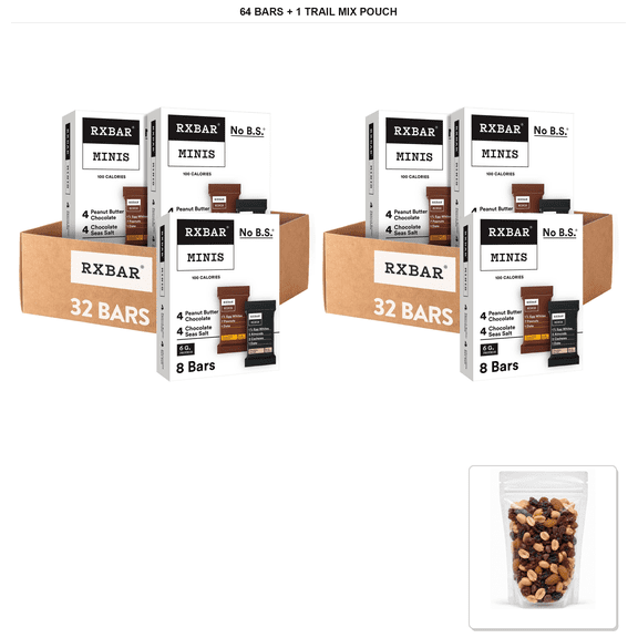 RXBAR Minis Protein Bar Variety Pack, Chocolate Sea Salt & Peanut Butter Chocolate, 8 Boxes, 64 Bars Total with 1 Bybies Trail Mix Pouch, 2 oz