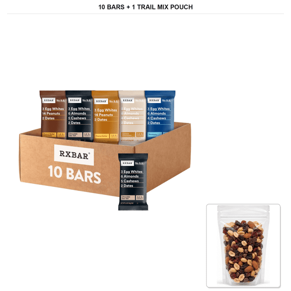 RXBAR Protein Bar Variety Pack, 10 Bars with 1 Bybies Trail Mix Pouch, 2 oz
