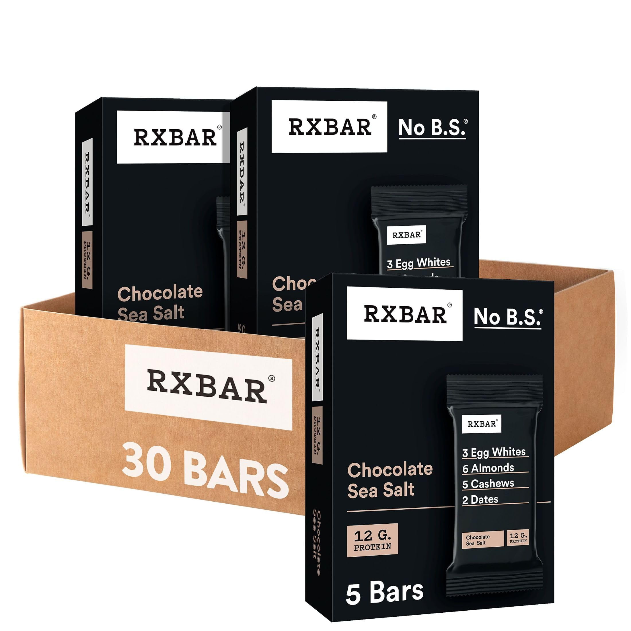 RXBAR Protein Bars, 12g Protein, Gluten Free Snacks, Chocolate Sea Salt (6 Boxes, 30 Bars)