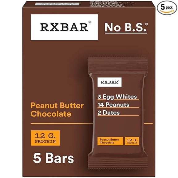 RXBAR Protein Bars, Protein Snack, Snack Bars, Peanut Butter Chocolate, 9.1oz Box (5 Bars)