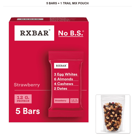RXBAR Strawberry Protein Bars, 5 Bars, 9.1 oz Box with 1 Bybies Trail Mix Pouch, 2 oz