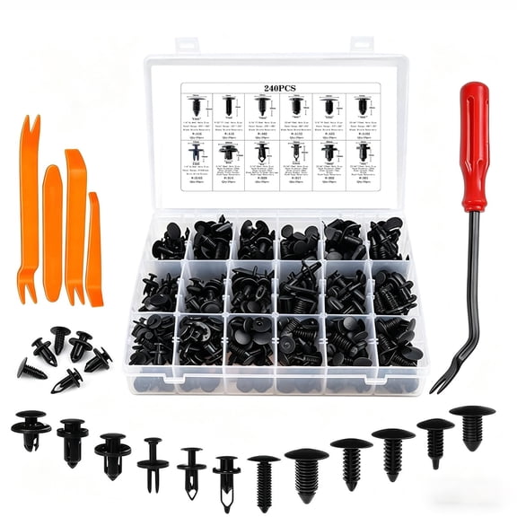 RXFSP 240-Piece Car Retainer Clips Kit, 12 Sizes Nylon Push Rivets with 5 Removal Tools