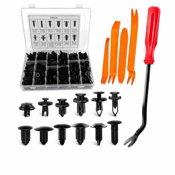 RXFSP 240-Piece Car Retainer Clips Kit with 5 Removal Tools, 12 Sizes Auto Bumper Push Pin Rivets, Trim Panel Fender Liner Fasteners, Black