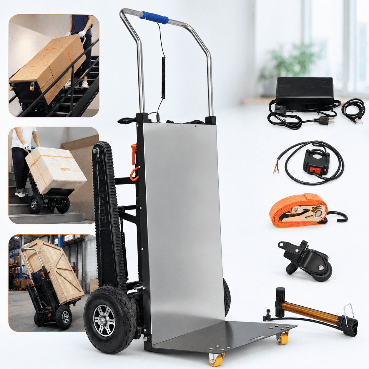 RXFSP Electric Stair Climbing Dolly - 661lb 600W Powered Hand Truck with Rubber Tracks | Heavy Duty Industrial Design (Black)