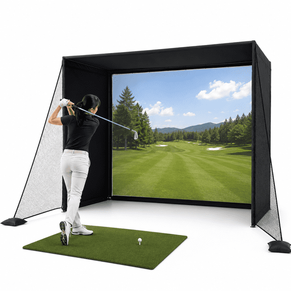 RXFSP Golf Simulator Cage | 16:9 HD Impact Projection Screen, Aluminum Frame, Shank & Top Nets for Home Golf Studio Setup