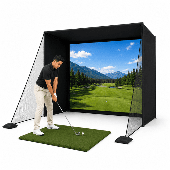 RXFSP Golf Simulator Enclosure with HD Impact Screen - 10x8ft Aluminum Frame Hitting Net System for Indoor Outdoor Training, Compatible with Launch Monitors (Pro-Grade Double Layer Screen)