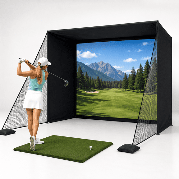 RDYMONKEY Golf Simulator Enclosure Kit with Upgraded HD Impact Screen - Complete Home Indoor Golf Setup, Tool-Free Assembly, Safety Nets & Padding for Garage or Basement