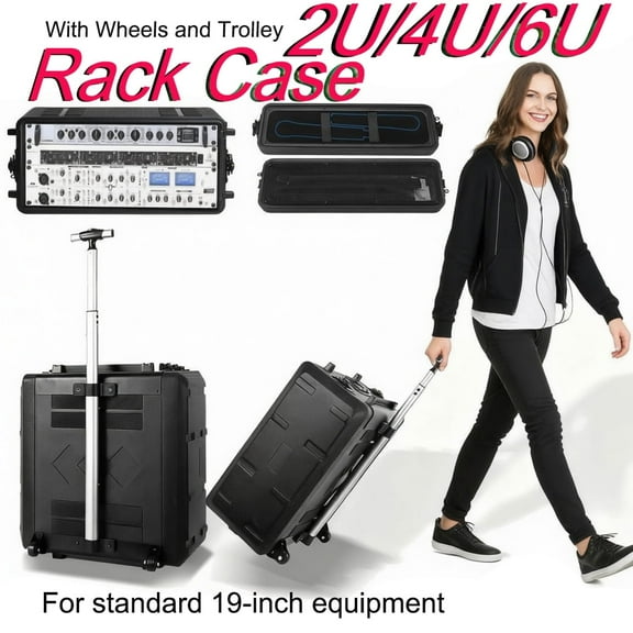 RXFSP Rack Case, Heavy-Duty HDPE Rolling Box, Dustproof, Waterproof, Stackable, Fits Mixers, Amps, DJ Gear, Cables,2U Rack Space 12" Deep