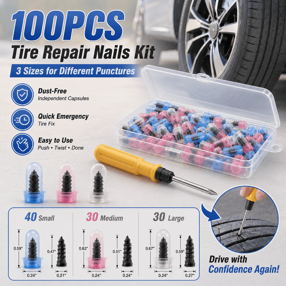 RXFSP Tubeless Tire Repair Kit, 100 Rubber Screw In Tire Plugs in 3 Sizes with Yellow Handle Screwdriver and Storage Box