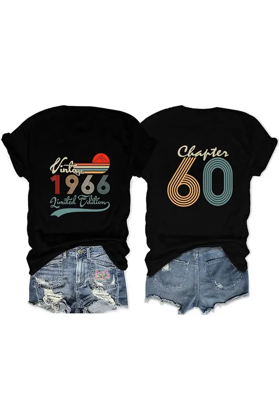 RXGOY Vintage 1966 T-Shirt for Women Chapter 60 Birthday Party Double-Sided Print T-Shirt