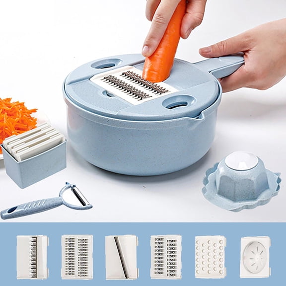 RXIRUCGD 6-in-1 Multi-Functional Vegetable Cutter with Stainless Steel Blades and Hand Protector for Slicing Shredding and Grating Includes Strainer Basket and Storage Case for Organized Kitchen