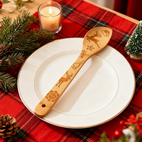 RXIRUCGD Artisan Laser Engraved Wooden Spoon with Christmas Decorations for Baking and Serving, Handcrafted Kitchen Tool for Holiday Cooking and Table Setting