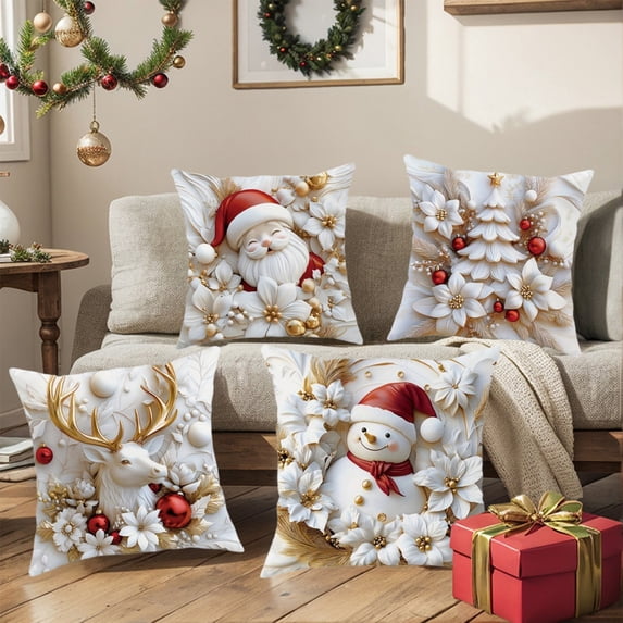 RXIRUCGD Christmas Pillow Cover Set of 4 with Festive Holiday Patterns, Soft Linen Fabric Sofa Cushion Cases for Living Room Seasonal Decor, Washable Home Textile