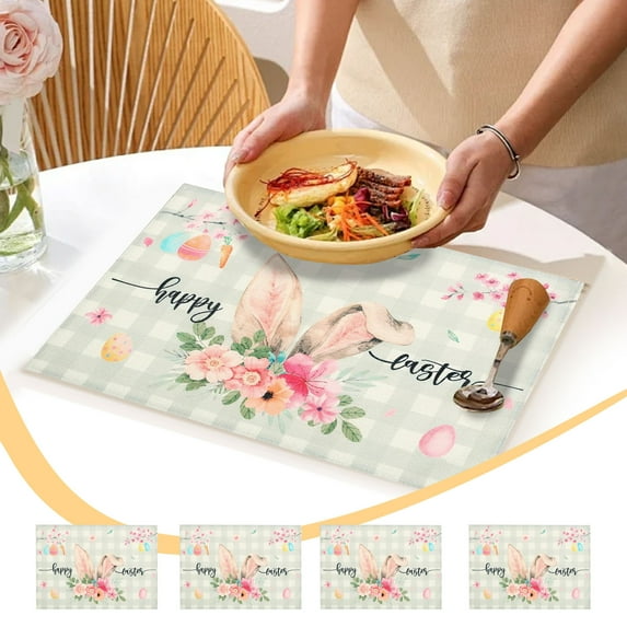 RXIRUCGD Easter Placemats Set of 4, E Eggs Place Mats Floral Leaves Table Mats Heat Insulated Tablecloths for Farmhouse Indoor Outdoor Holiday Kitchen Dining Party Easter Decorations