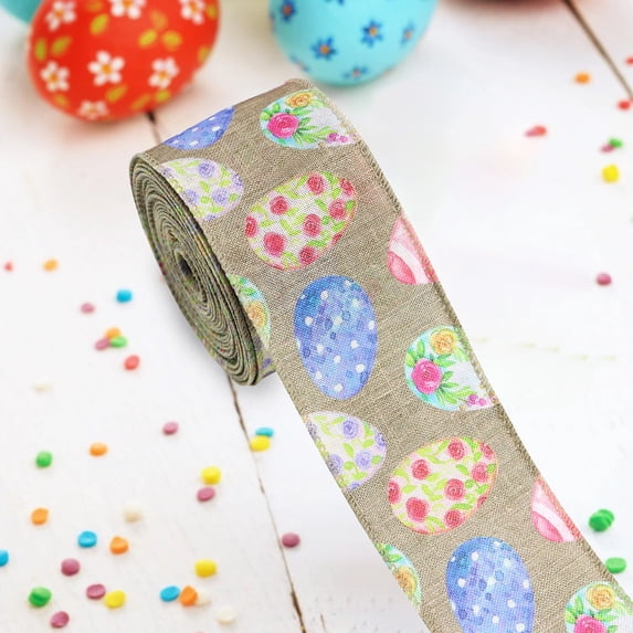 RXIRUCGD Easter Ribbon Rolls, Easter Eggs Wired Edge Ribbons, Decorative Wrapping Ribbons for Gift, Easter Decoration Colorful DIY Craft Ribbons, Easter Fabric Ribbon Decor