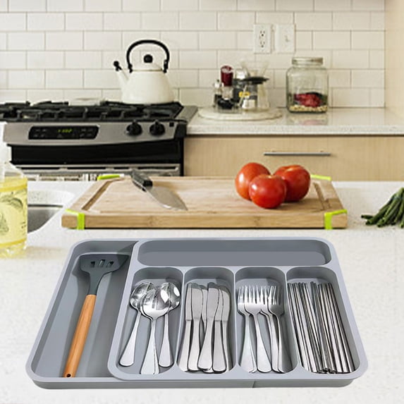 RXIRUCGD Expandable Cutlery Organizer with Five Compartments for Knives Forks Spoons and Chopsticks Space Saving Kitchen Drawer Storage Box for Utensils