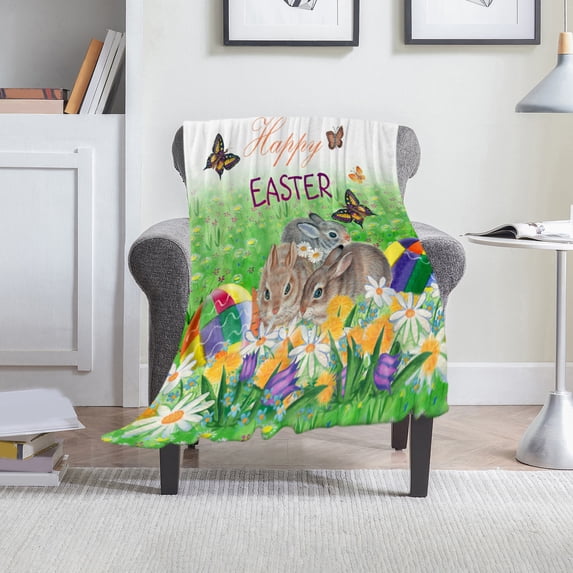 RXIRUCGD Flannel Easter Blanket Cute Bunny Easter Eggs Flower Leaves Throw Blanket for Couch,Lightweight Soft and Warm Throws Blankets for Sofa Bed Living Room in Spring, Easter Decorations
