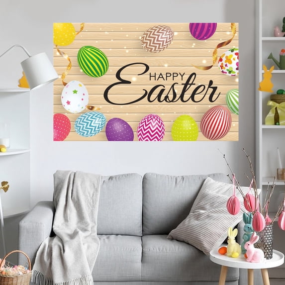 RXIRUCGD Happy Easter Backdrop Banner, Spring Colorful Easter Eggs Printing Banner for Home Yard Photo Garden Outdoor Background for Easter Decorations, Easter Eggs Hunt Game Supplies