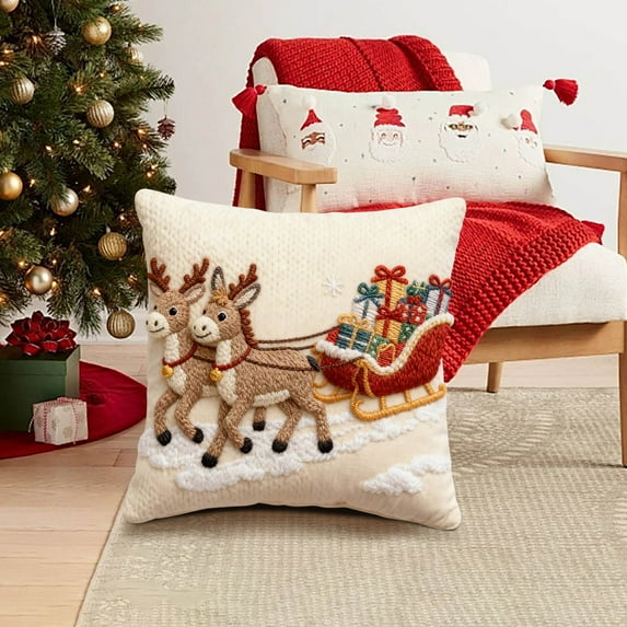 RXIRUCGD Holiday Season Linen Cushion Cover with Christmas Print, Decorative Sofa Pillowcase for Home Decor, Festive Square Pillow Cover for Living Room Bedroom