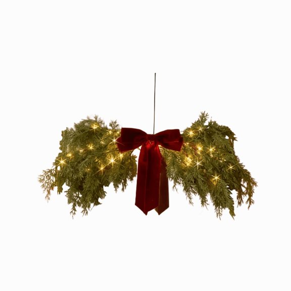 RXIRUCGD LED Cedar Branch Wreath With Red Bow - Artificial Christmas Wall Hanging Decor With Warm White Lights For Indoor Festive Atmosphere Creation
