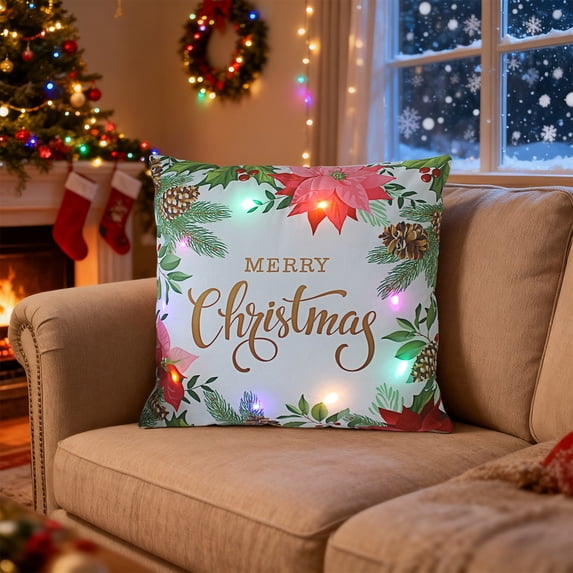 RXIRUCGD LED Light Up Christmas Throw Pillow Cover With Colorful Lights And Festive Patterns Soft Fluffy Pillowcase Holiday Decor For Sofa Bed Living Room Seasonal Celebration