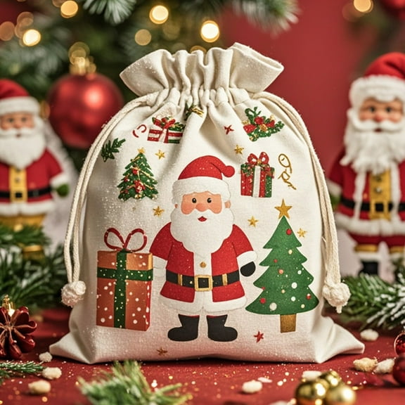 RXIRUCGD Large Canvas Christmas Drawstring Gift Bag with Festive Patterns, Spacious Holiday Present Sack for Candy Fruits and Seasonal Treats, Reusable Storage Bag 25.6x18.8 In