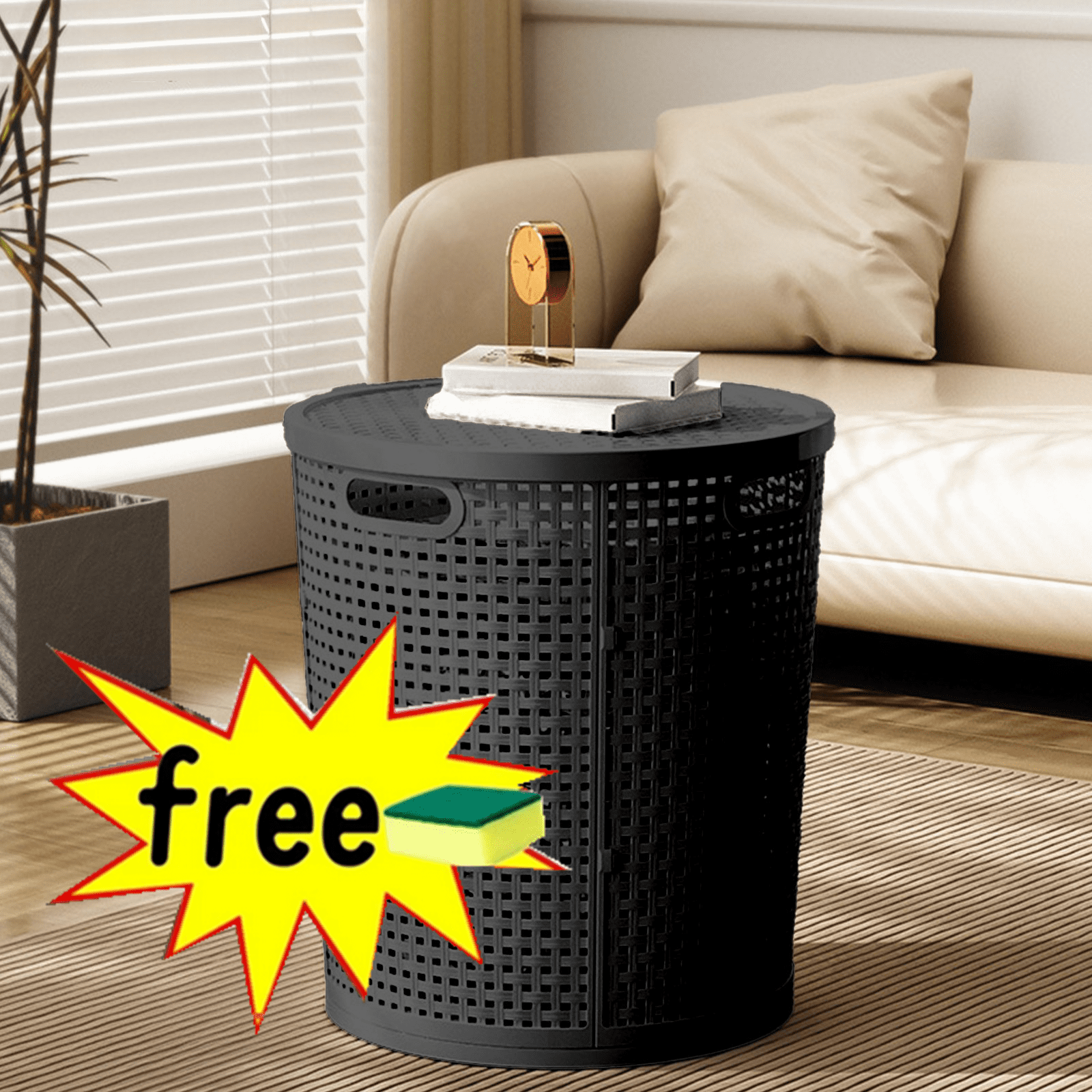 RXIRUCGD Laundry Basket with Lid, Round Plastic Laundry Hamper, Dirty Clothes Hamper Organizer with Cut-out Handles for Laundry Room Bedroom Bathroom Large Capacity Toys Storage Basket