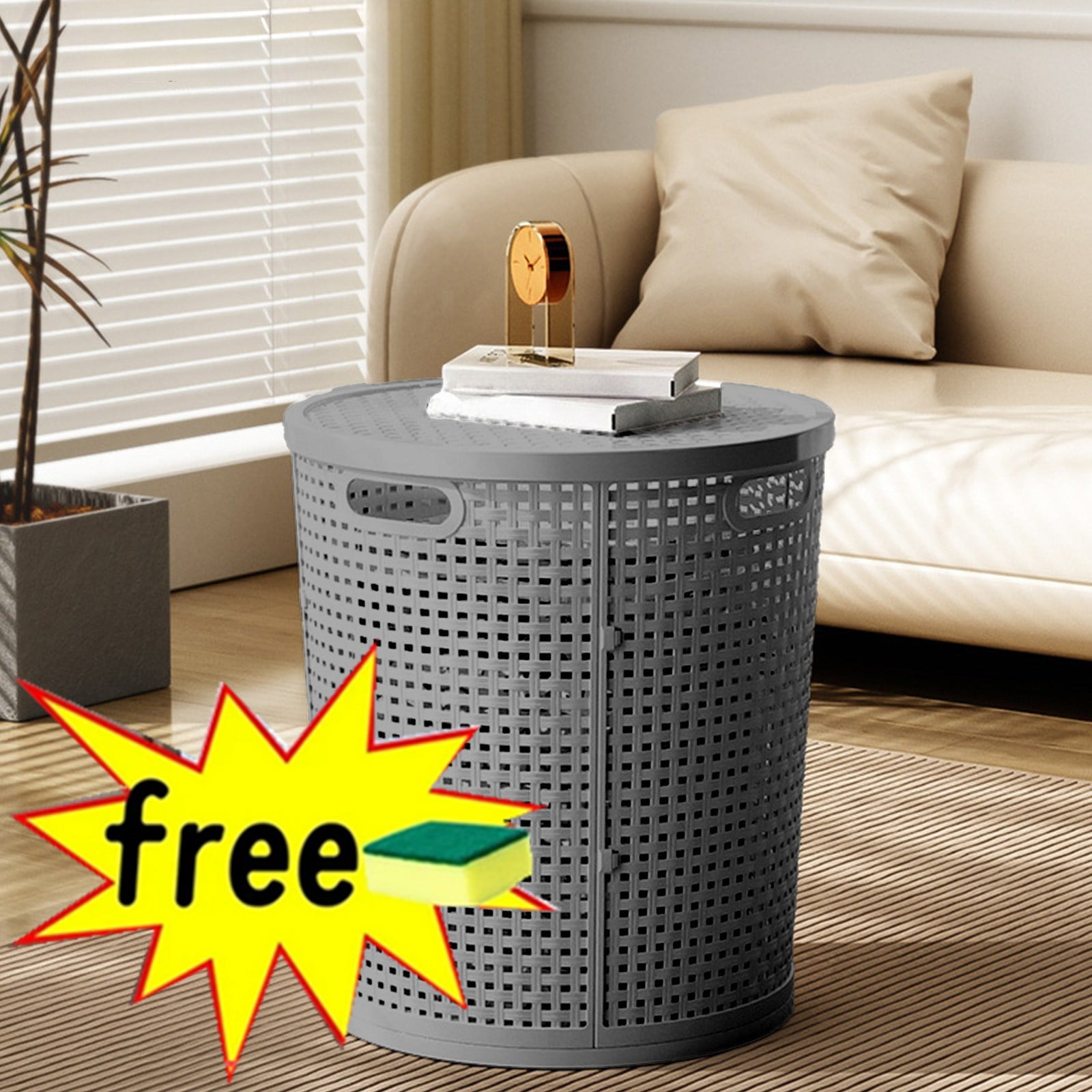 RXIRUCGD Laundry Basket with Lid, Round Plastic Laundry Hamper, Dirty Clothes Hamper Organizer with Cut-out Handles for Laundry Room Bedroom Bathroom Large Capacity Toys Storage Basket