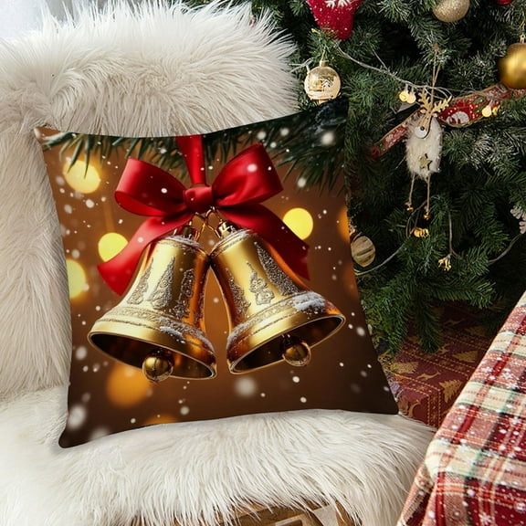 RXIRUCGD Linen Christmas Pillow Cover with Bell and Bow Designs, Festive Holiday Sofa Cushion Case for Seasonal Home Decor, Washable Natural Fabric Textile