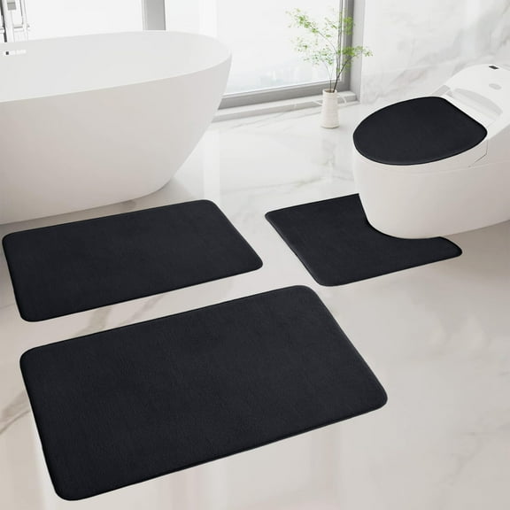 RXIRUCGD Memory Foam Bath Mat 4 Set Bathroom Rugs For 4 Pcs Toilet Mats Universal Soft Comfortable Water Absorption Non-Slip Thick Machine Washable Easier To Dry Dark,Black