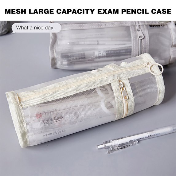 RXIRUCGD Minimalist Transparent Mesh Pencil Case Large Capacity Flip-Top Solid Color Pen Holder Portable Stationery Storage Bag For Men And Women
