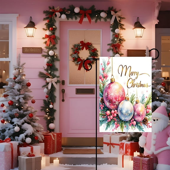 RXIRUCGD Pink Christmas Garden Flag With Snowman Reindeer Design Holiday Outdoor Decor Double Sided Polyester Fabric For Christmas Decoration