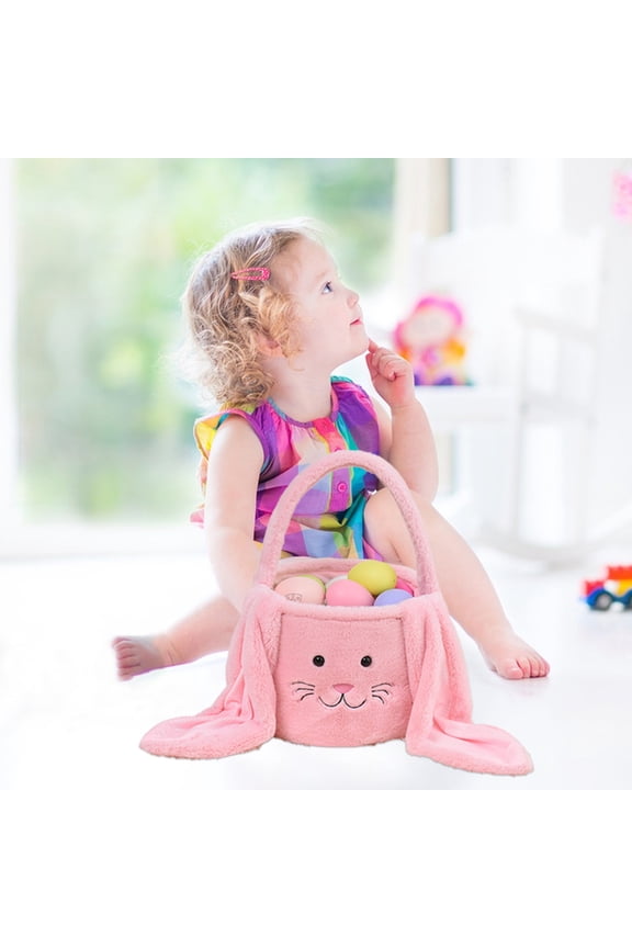 Plush Bunny Easter Basket, Easter Bunny Buckets with Long Plush Ear, Egg Hunting Easter Gift Bags, Easter Tote Bags for Easter Decorations Candy Gifts