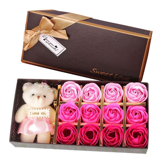 RXIRUCGD Romantic Rose Bear Gift Box with 12 Scented Soap Flowers for Valentine's Day Present Special Occasion Keepsake Decorative Home Accessory