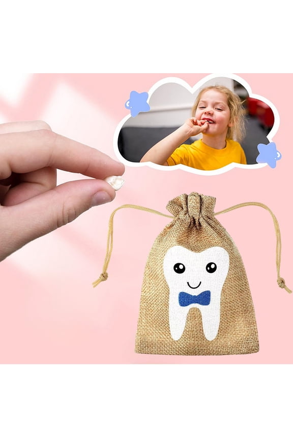 Tooth Fairy Keepsake Pouch - Linen Milk Teeth Storage Bag with Drawstring Closure, Cute Tooth Print Design for Baby Shower Gift