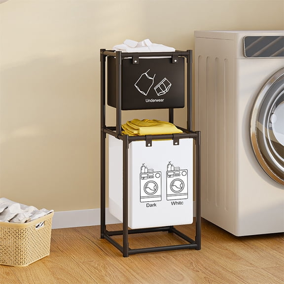 RXIRUCGD Two-Tier Stainless Steel Laundry Basket Organizer for Bathroom Storage, Compact Hamper with Baskets for Dirty and Clean Clothes Separation