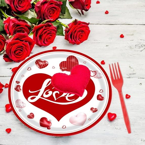 RXIRUCGD Valentine's Day Themed Disposable Tableware Set for Parties and Gatherings Includes Plates Cups and Utensils Convenient and Practical Solution for Easy Cleanup After Events