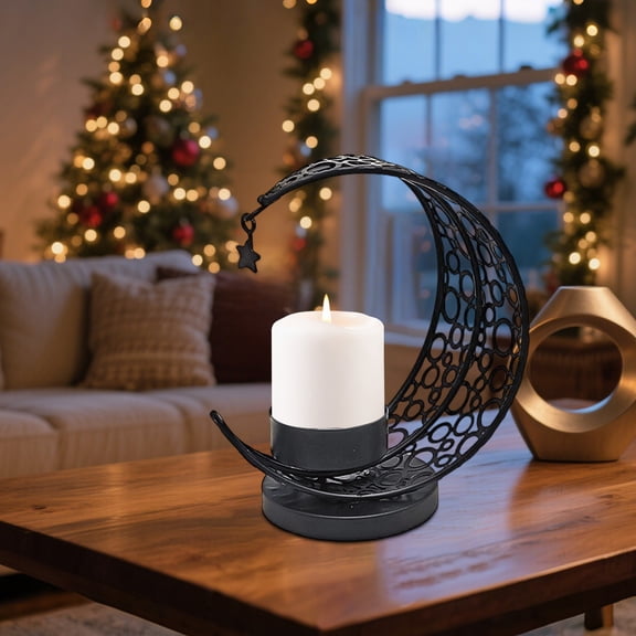 RXIRUCGD Vintage Iron Moon and Star Candle Holder for Christmas Decor, 3D Metal Candle Stand with Intricate Cutout Design for Home Tabletop and Mantelpiece Decoration