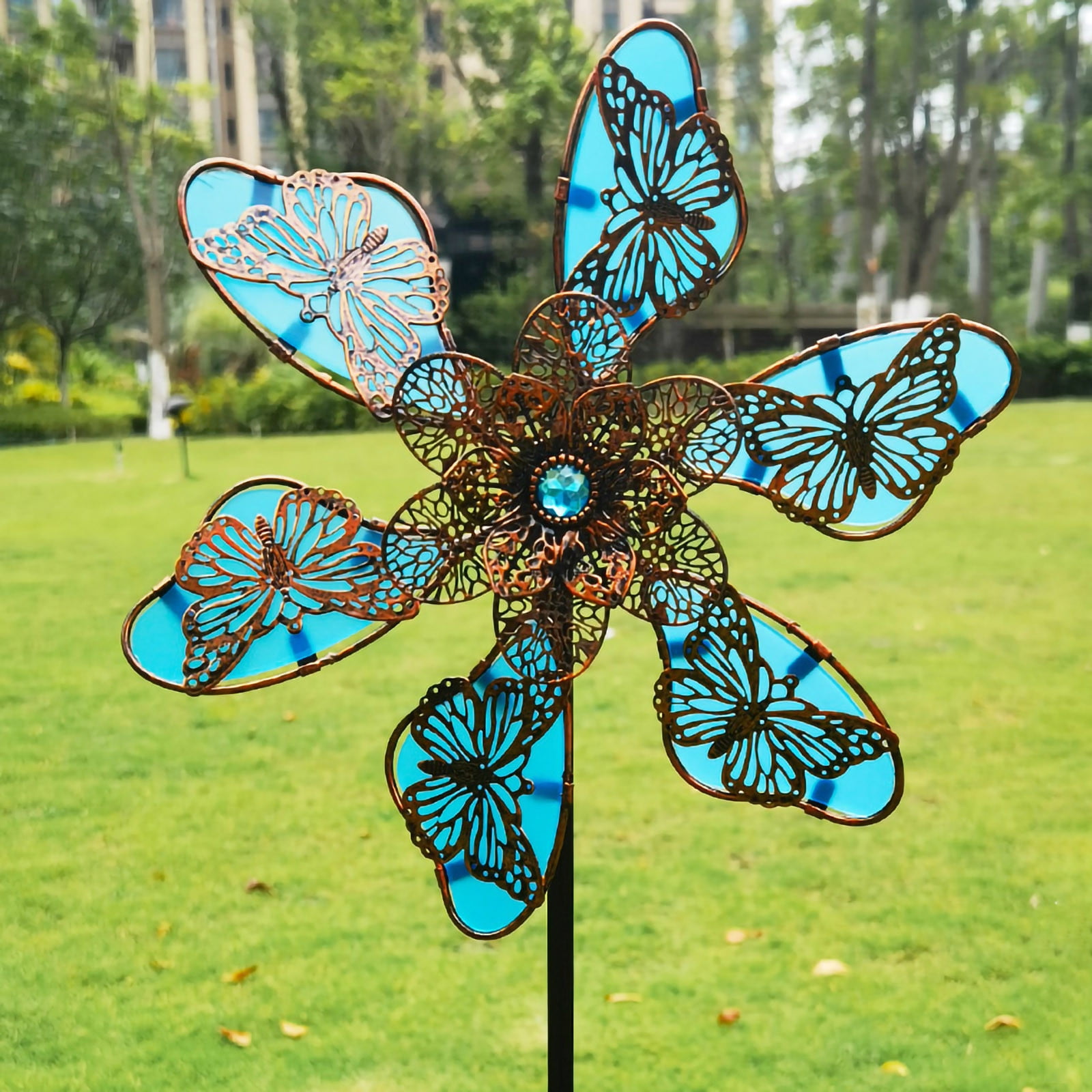 Blue Metal Butterfly Glow Wind Spinner with Ground Stake