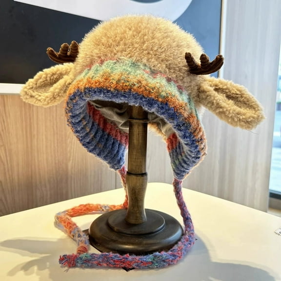 RXIRUCGD Winter Knit Hat with Antler Design and Ear Protection - Warm Lace-Up Beanie for Cold Weather Outdoor Activities